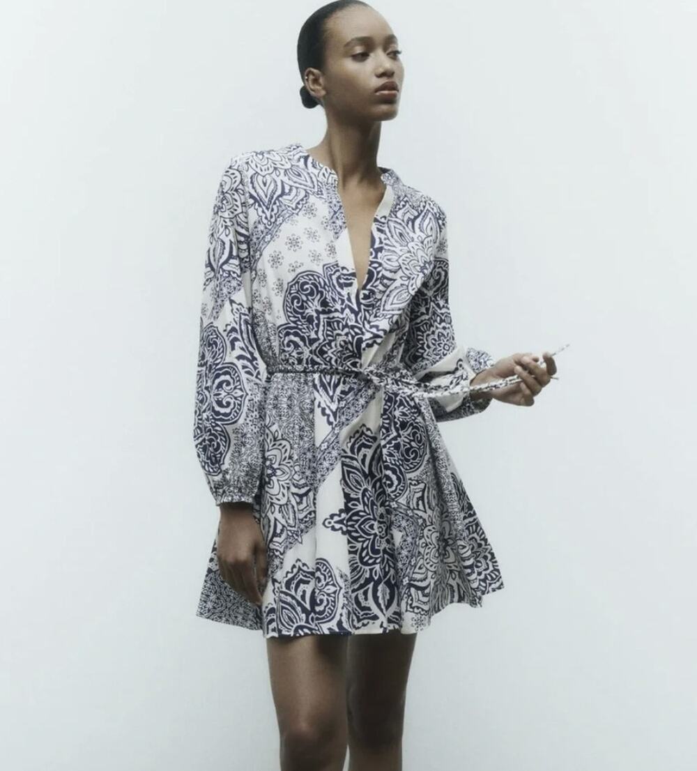Zara Blue and White Boho Paisley Bandana Printed Mini Dress